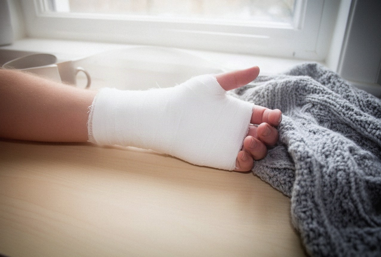 Przedramię w białym gipsie z ujęciem kciuka, ułożone na jasnym stole